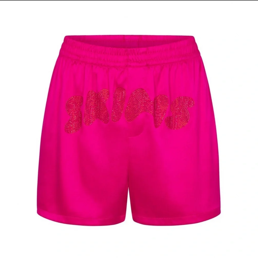SKIMS Woven Shine Rhinestone Logo BOXERS & BRA in Raspberry - Picture 6 of 13
